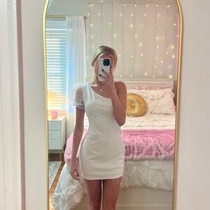 white one-shoulder puff sleeve mesh hourglass bodycon mini dress